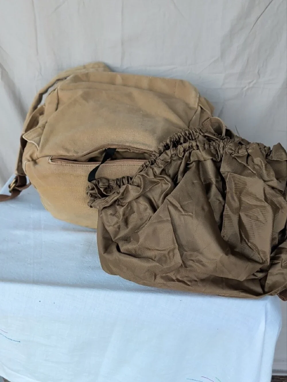 Durable Tan Canvas Backpack with Brown Trim Hiking Camping Outdoor Activities